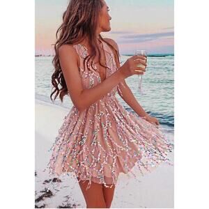 NWT Blush Tulle Dress with Multi-Color Sequin Accents A-line Deep V-neck